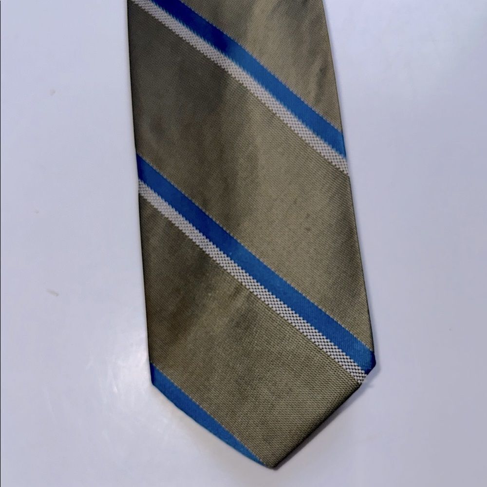 Vintage 60s/70s Trevira green, blue &‎ white diagonal stripe polyester tie